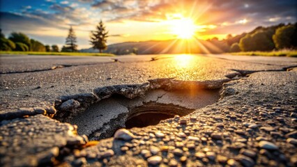Obraz premium A crack in the road, a symbol of time and decay, with the setting sun casting a golden glow on the rough pavement.