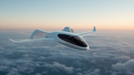 Obraz premium A sleek and innovative concept aircraft effortlessly glides through a clear sky, representing the pinnacle of futuristic design and advanced aerodynamics.