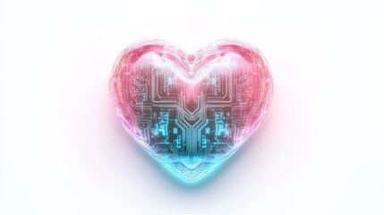Digital heart shape with AI circuitry pattern. Glowing in soft pink and blue tones. Futuristic love and romance.