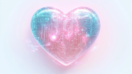 Digital heart shape with AI circuitry pattern. Glowing in soft pink and blue tones. Futuristic love and romance.