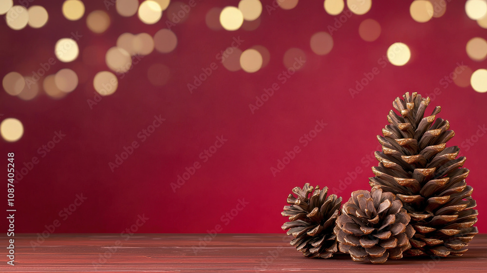 Poster close up of pine cones on red background with bokeh lights creating warm, festive atmosphere. perfec