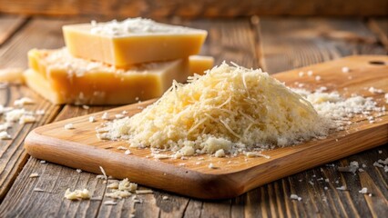 A generous mound of grated cheese sits on a wooden cutting board, with additional pieces of cheese in the background.
