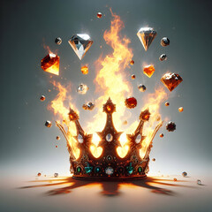 Flaming crown and fire jewels isolated concept as A crown engulfed in flames with glowing fire jewels symbolizing royalty and energy illustrated against a white backdrop. in  Photo Stock  Concept 