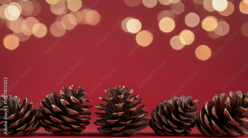 Poster close up of pine cones on red background with bokeh lights creating festive atmosphere. perfect for 