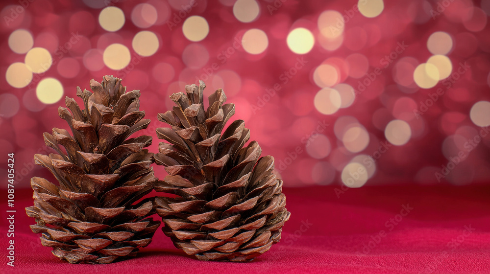 Poster close up of pine cones on red background with bokeh lights creating festive atmosphere. intricate de