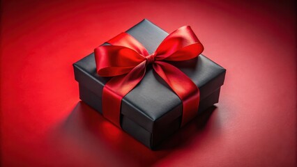 Obraz premium Elegant black gift box with a bright red satin ribbon bow on a red background