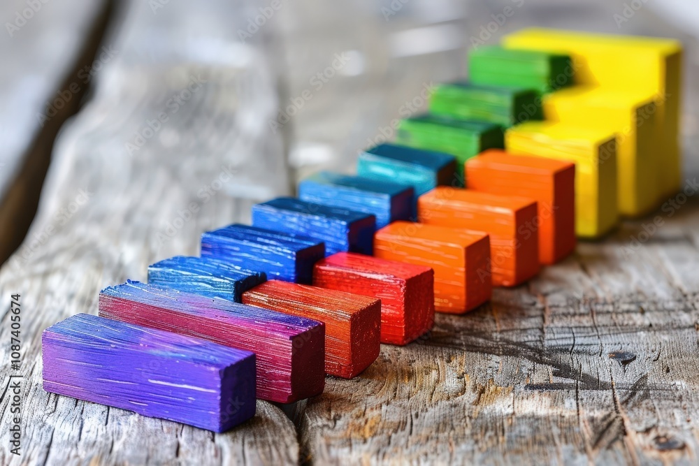 Poster a row of colorful wooden blocks arranged in a rainbow pattern