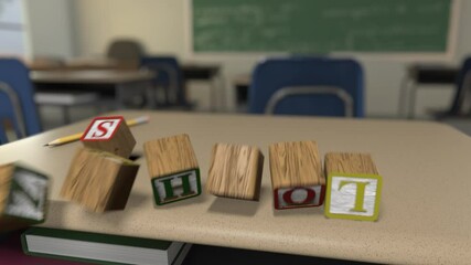 Letter Block Series - "Back To School" -Toy letter blocks tumble onto a school desk to form words, then tumble out of frame - Powered by Adobe