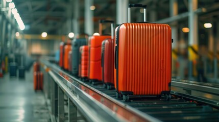 The airport conveyor belt system moves luggage efficiently. Luggage on conveyor belt in airport terminal