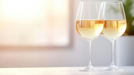Wine glasses with Chardonnay tones, light reflections, warm ambiance, luxurious and refined
