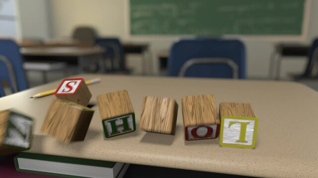 Letter Block Series - "Back To School" -Toy letter blocks tumble onto a school desk to form words,  then tumble out of frame - Powered by Adobe