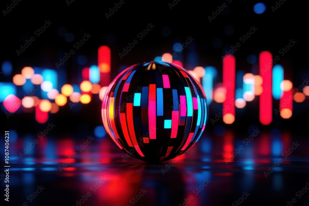 Poster a vivid, glowing orb surrounded by colorful lights and patterns, creating a dynamic digital atmosphe