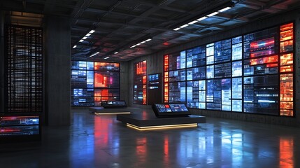 A high tech warehouse equipped with blockchain based inventory tracking system featuring real time data displayed on a network of digital screens for efficient