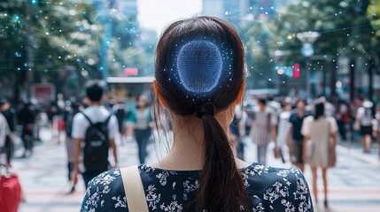 A high tech facial recognition system scanning a human face showing digital markers and patterns used for biometric identity analysis and authentication