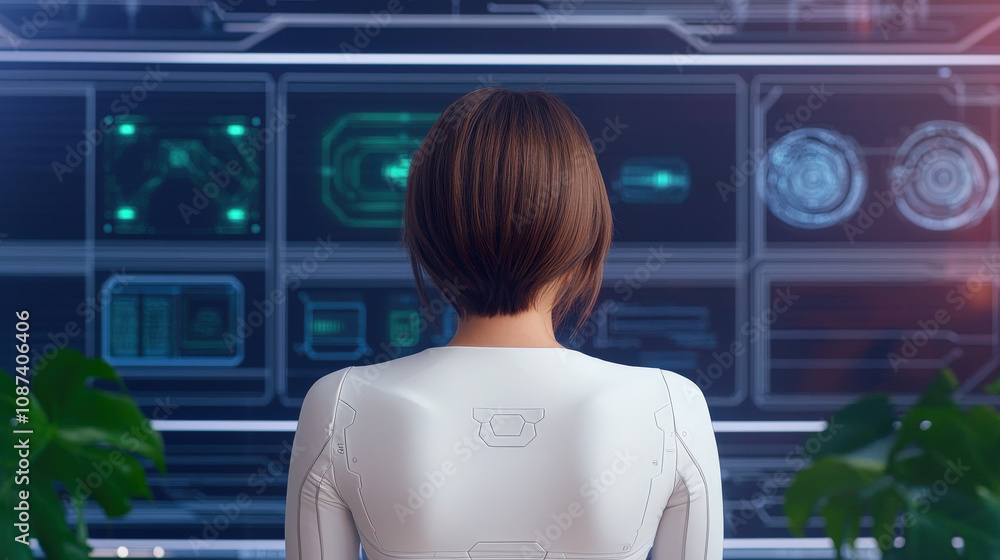 Poster woman working on futuristic hardware design in minimalist high tech environment, surrounded by digit