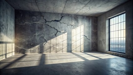A large, industrial window provides a view of a distant landscape, casting a shadow on the cracked concrete wall of an empty room.