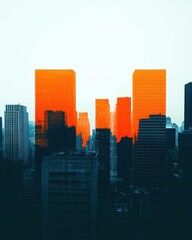 Fototapeta premium Abstract skyline illustration featuring orange-highlighted skyscrapers against a light background.