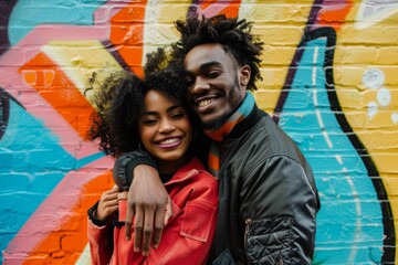 Portrait of a glad afro-american couple in their 20s wearing a trendy bomber jacket in front of...