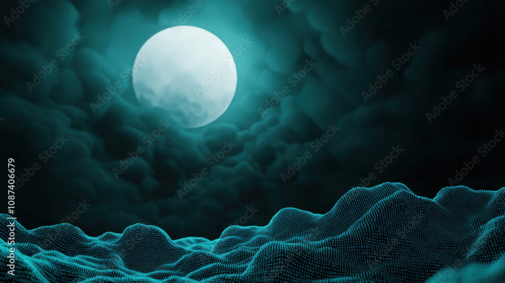 Poster serene 3d render of moonlit night with teal waves and dark clouds, creating tranquil atmosphere