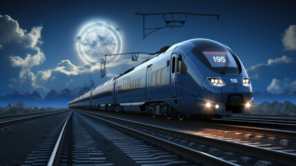 Naklejka premium A sleek blue train travels along tracks under a glowing moonlit sky in a mountain landscape during the night