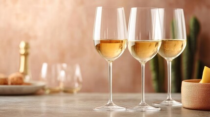Elegant glasses of Chardonnay, warm golden hues, soft reflections, luxurious and cozy setting
