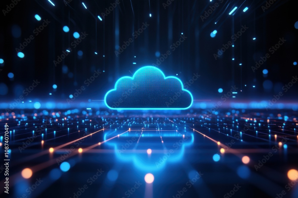 Poster cloud technology concepts. futuristic digital cloud with glowing data streams and particles in a dar