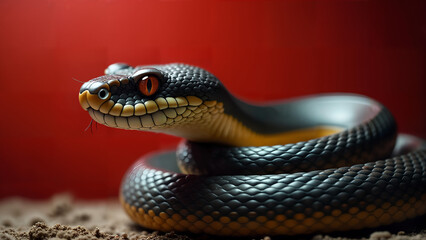 Obraz premium Dynamic Artistic Poster of a Snake with Bold Red Background Representing Elegance and Strength