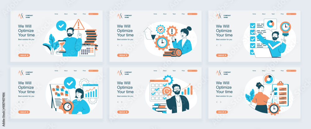 Aufkleber Time management concept of landing page with slide templates set in flat design. Website headers with people managing daily schedule, planning tasks in checklists to deadline. Vector illustrations.