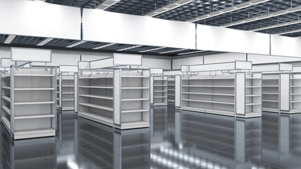 Supermarket interior mockup with rows of empty shelves, toppers and blank billboards, design template for mockup. 3d illustration © Wire_man