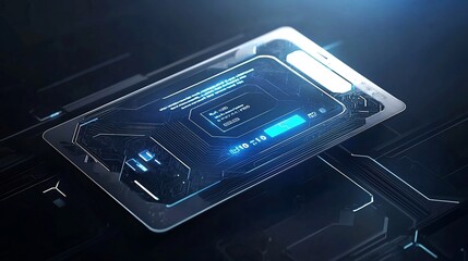 A sophisticated digital identity card design featuring layered holographic security elements and futuristic technological details against a dark moody background