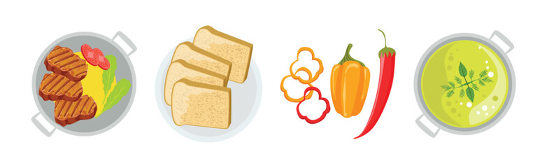Tasty Food and Meal Different Served Vector Set