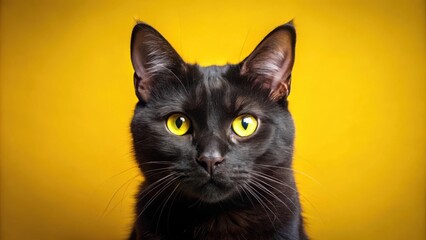 Obraz premium A captivating portrait of a black feline with piercing yellow eyes, set against a vibrant yellow background.