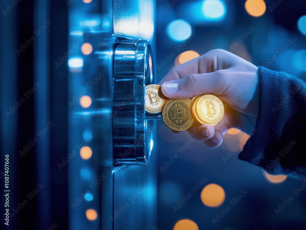 Poster A cryptocurrency is a digital or virtual currency secured by cryptography, A hand inserting a golden coin into a modern lock with a blurred background of lights.