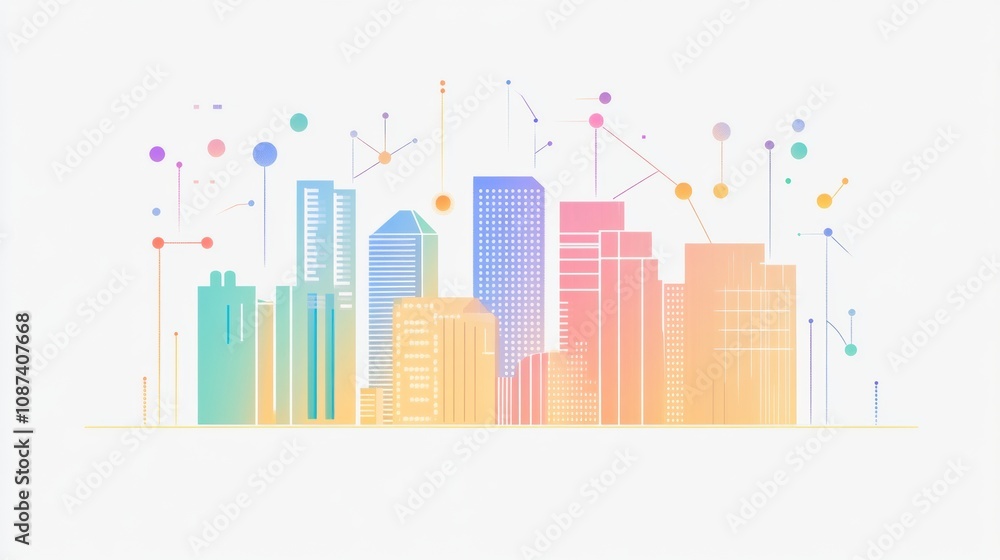Poster this illustration features a futuristic city skyline where buildings are connected through an ai net
