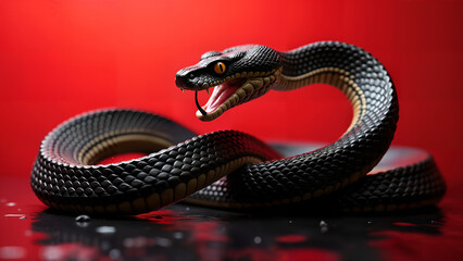 Fototapeta premium Captivating Snake Cover Poster against Bold Red Backdrop Highlighting Strength and Artistic Intricacy