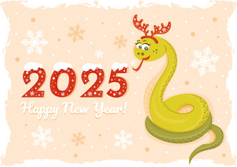 Christmas greeting card with a cute snake with New Year's Deer Antlers . New Year card. 2025. Snowy background with the phrase  Merry Christmas and Happy New Year.