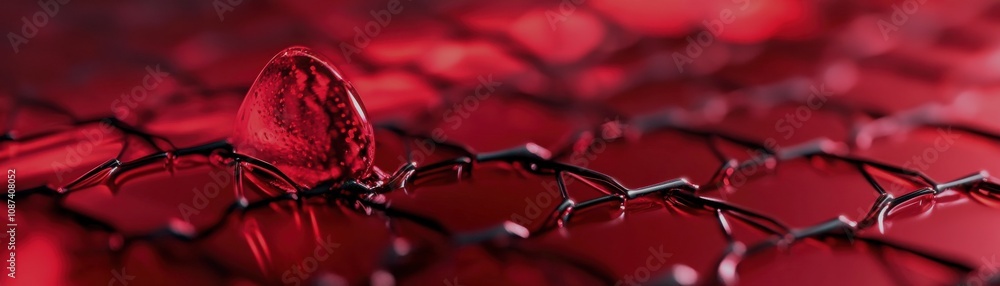 Poster Close-up of a red droplet resting on a textured surface, creating a striking visual effect.