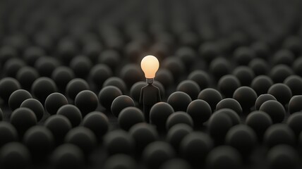 A glowing light bulb stands out among a sea of black spheres, symbolizing innovation and uniqueness in a crowd.