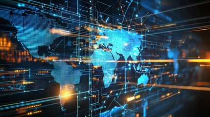 Global network connection, digital world map with data streams.