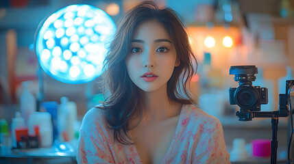 Stunning Asian Woman Vlogger, Beauty Influencer, Camera Setup