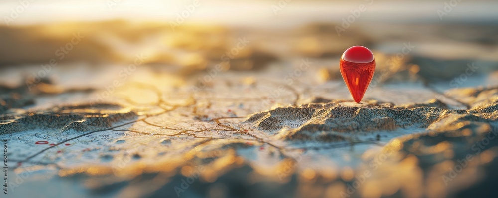 Poster a vibrant close-up of a map with a red location pin, emphasizing navigation and travel amidst a warm