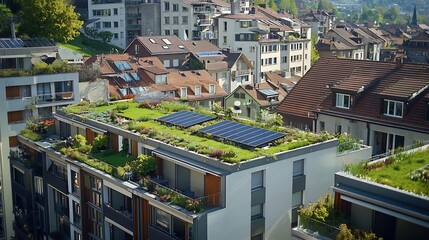 Obraz premium Aerial view of a residential area with various green infrastructure features including rooftop gardens and geothermal heating units showcasing a sustainable and eco friendly urban living environment