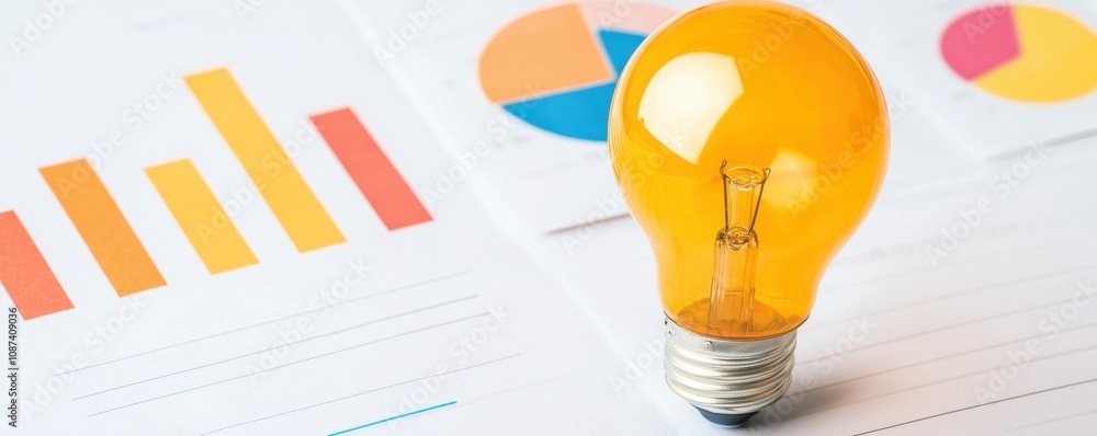 Poster a bright yellow light bulb rests beside colorful charts and graphs, symbolizing creativity and innov