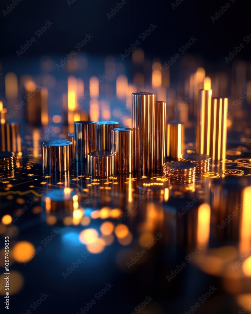 Poster abstract metallic structures glowing in a dark environment, creating a futuristic aesthetic.