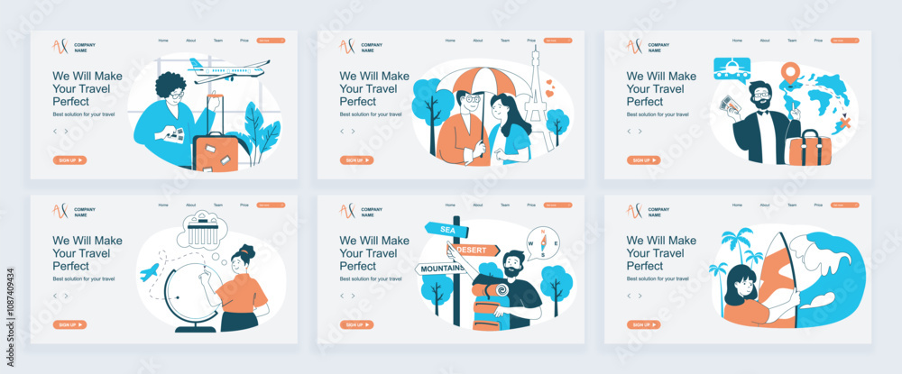 Poster travel concept of landing page with slide templates set in flat design. website headers with people 