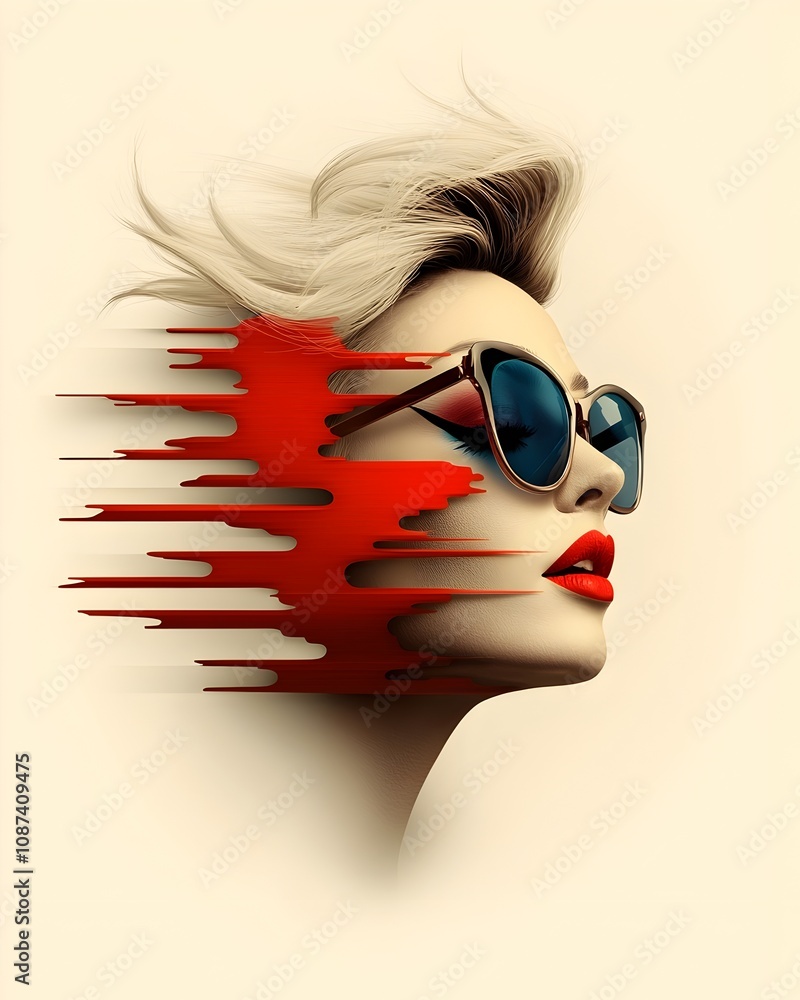 Aufkleber retro pop art portrait of a woman featuring a diverse array of stylized and expressive facial featur