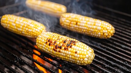 Grilled corn on the cob with smoke on a hot grill.