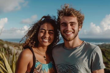 Obraz premium Portrait of a merry mixed race couple in their 20s sporting a technical climbing shirt isolated on backdrop of an idyllic countryside