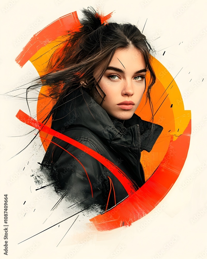 Poster retro pop art woman with alluring expression dynamic gestures and bold graphic elements set in a vib