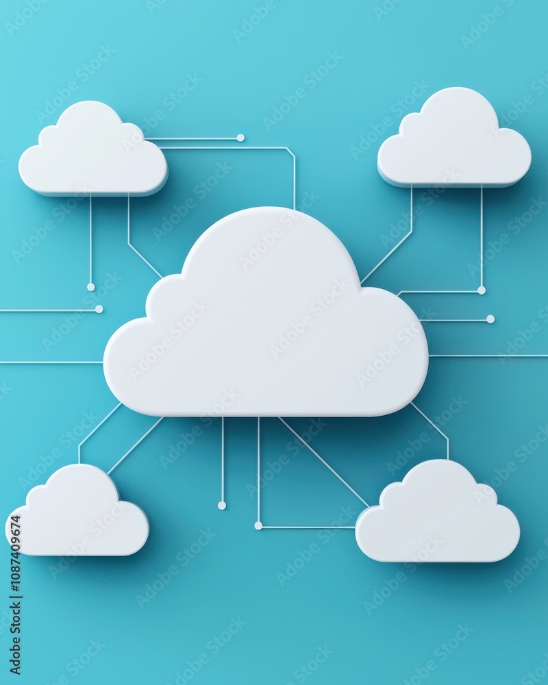 Poster a graphic representation of interconnected cloud icons on a blue background, illustrating cloud comp